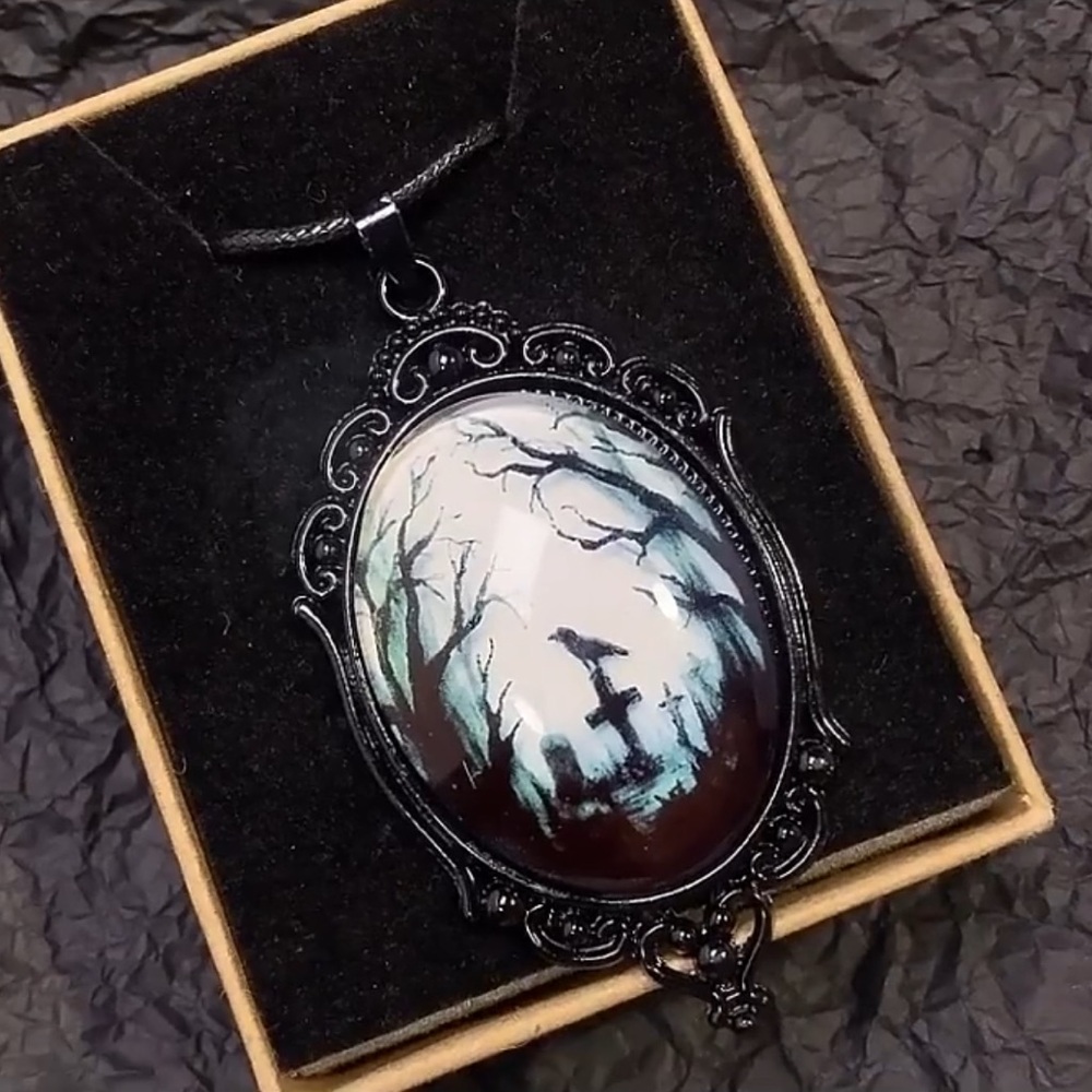Cemetery Raven & Cross Glass Gothic Pendant Necklace
